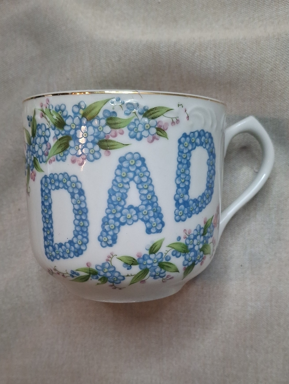 Lefton White Ceramic 'DAD' Mug with Blue Forget-Me-Not Florals